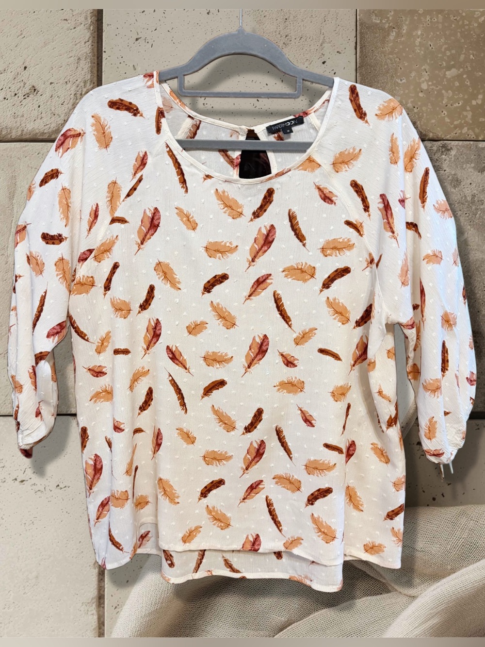 Papermoon Feather Print  Blouse with Brown & Tan Accents 3/4 sleeve size M